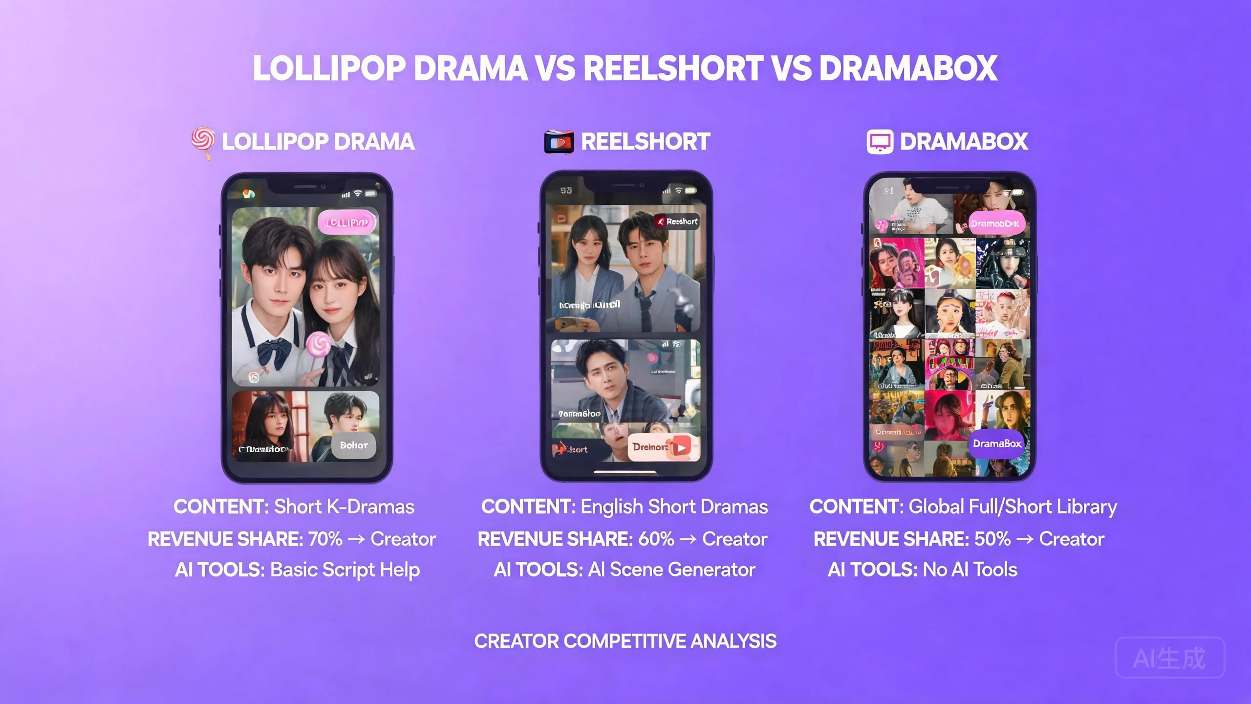 Lollipop Drama vs ReelShort vs DramaBox (2026): Revenue Share, AI Tools, and Content Model